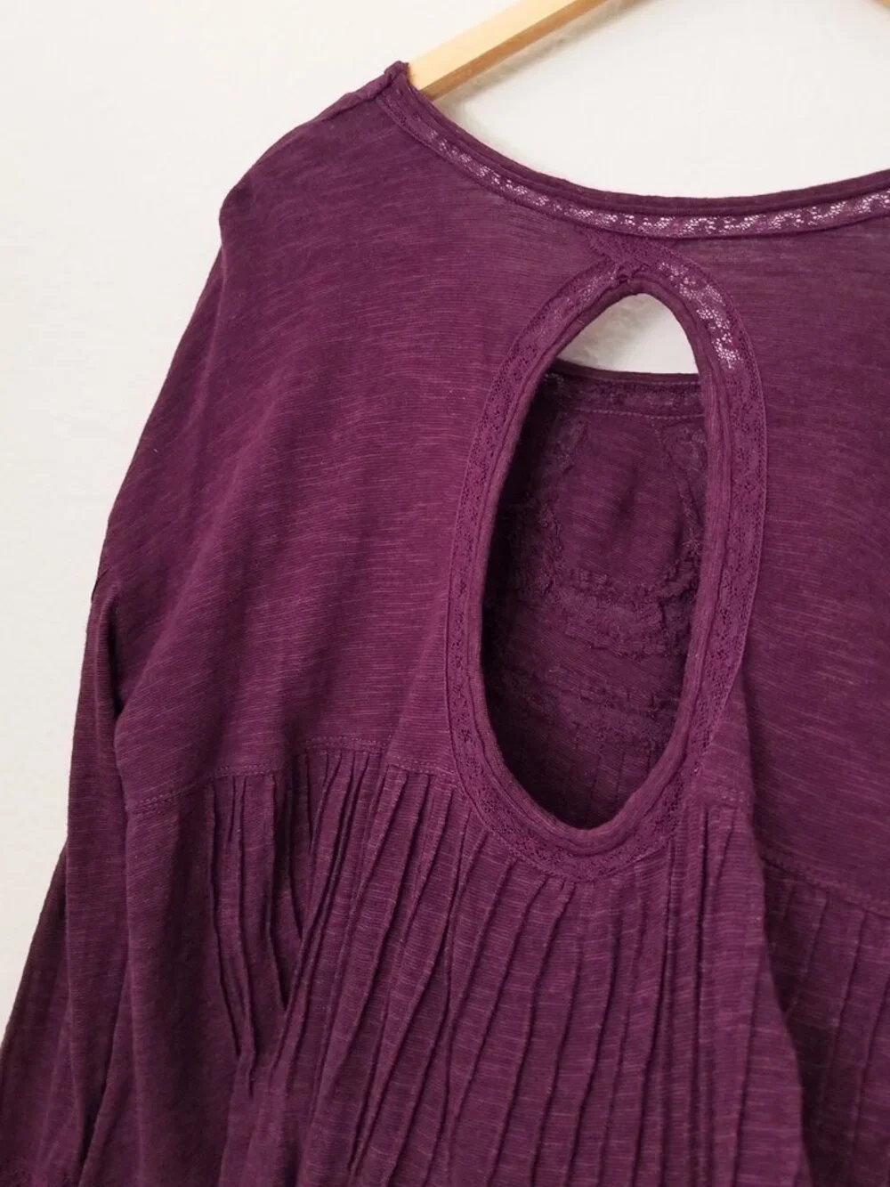 Free People New Hope Babydoll Long Sleeves Top S Eggplant Cutout Peasant Boho